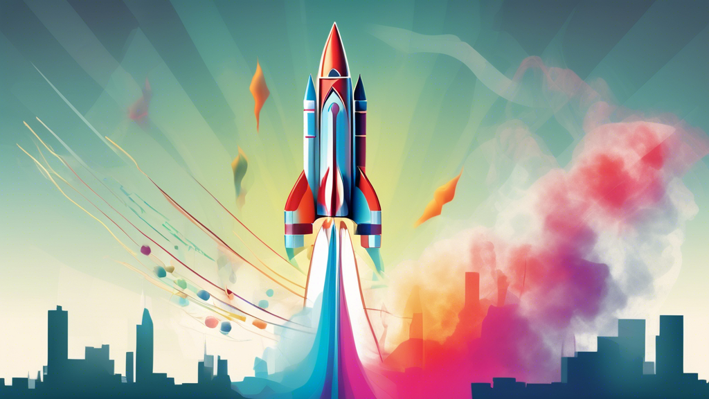 A rocket ship launching upwards with a business chart overlaid on the smoke trail.