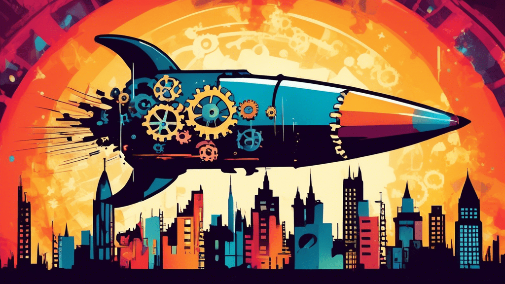A rocket ship launching upwards with a cityscape silhouette inside, surrounded by gears and cogs.