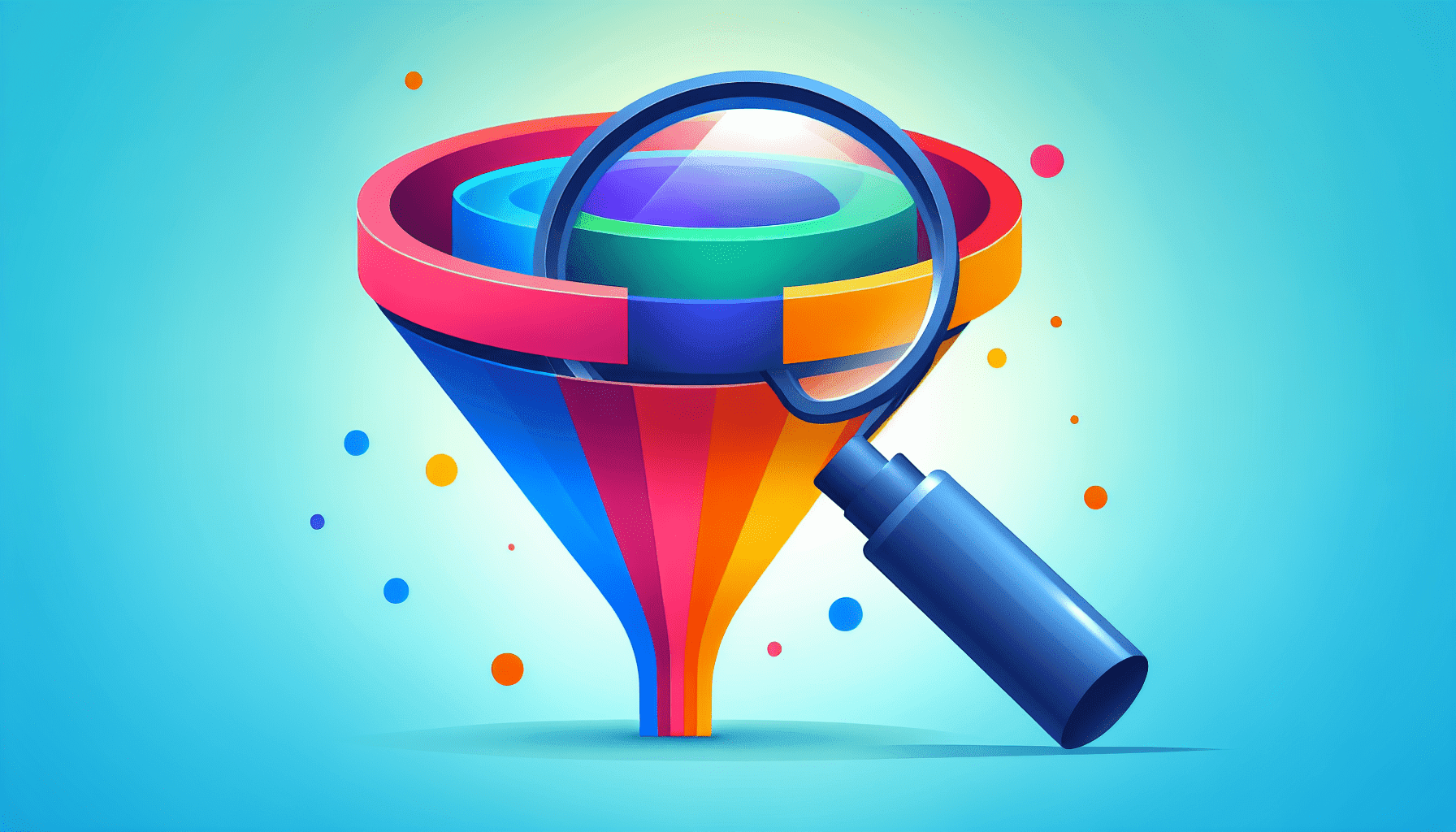 A marketing funnel with a magnifying glass analyzing it.
