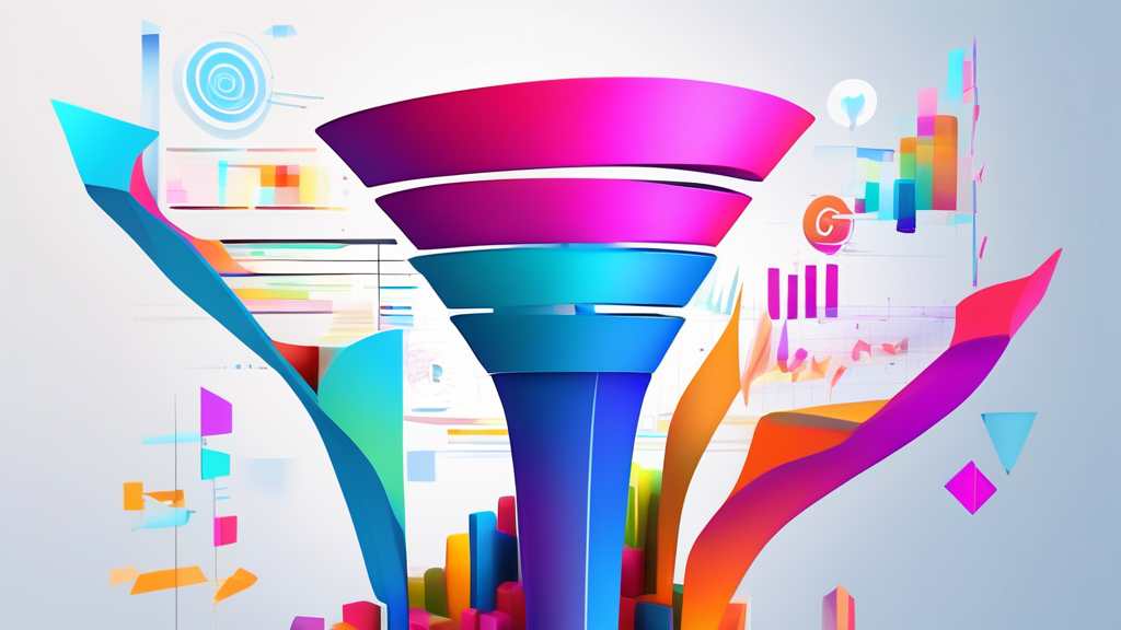 Prompt: A colorful, dynamic 3D funnel with various metrics, graphs, and charts flowing through it, set against a futuristic, digital background, representing the powerful analytics and insights genera