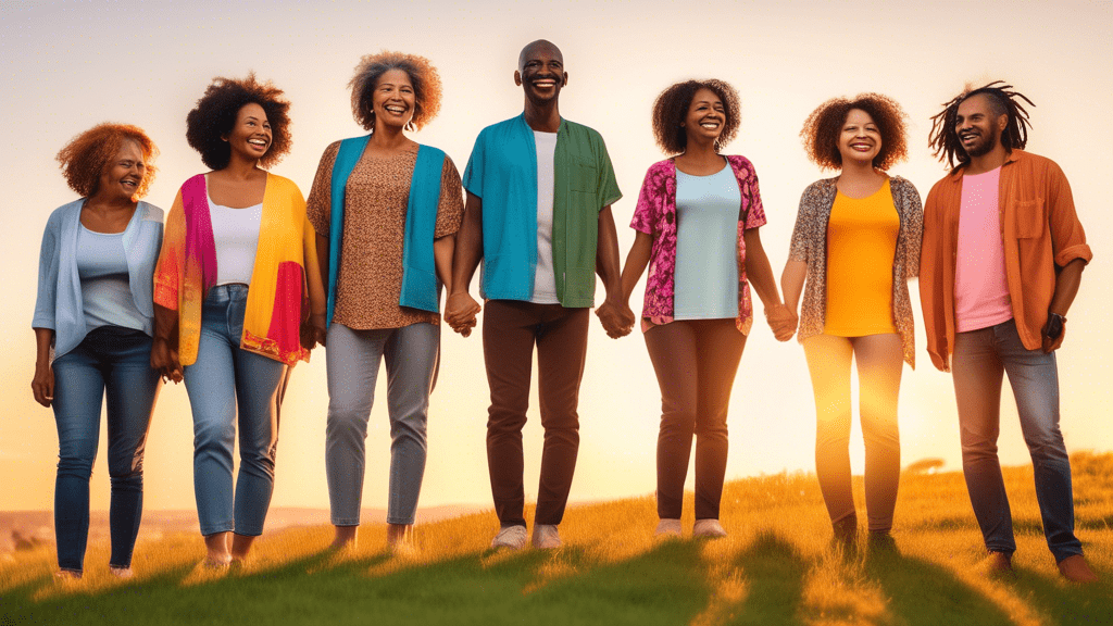 A diverse group of people from different ages, ethnicities, and backgrounds, standing together in a circle, holding hands and smiling warmly at each other. They are standing on a grassy hill with a vi