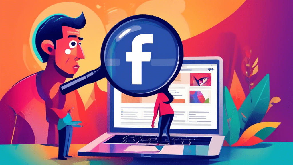 A magnifying glass inspecting a Facebook ad campaign on a laptop screen with a frustrated person in the background