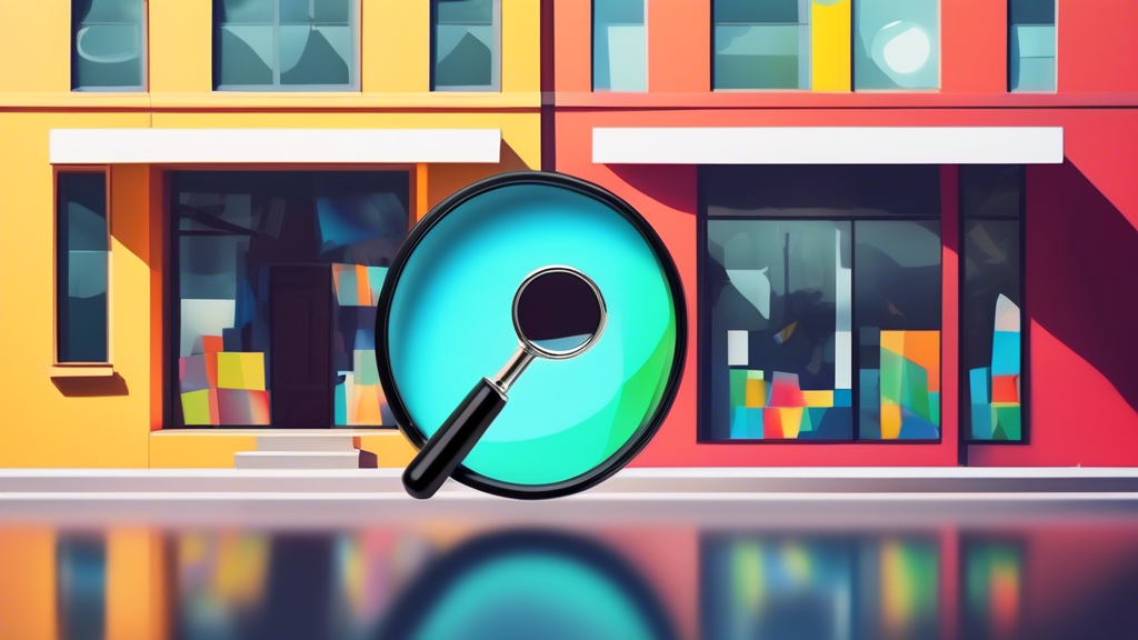 A storefront with a magnifying glass overlay, with the Google Maps pin logo in the reflection of the glass.