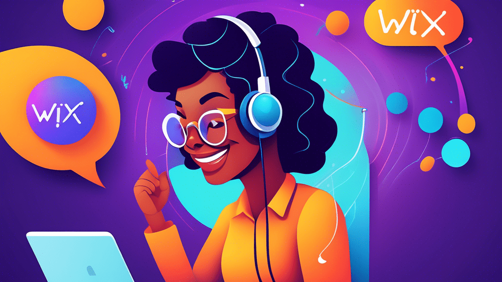 Create a detailed, bright, and engaging image showing a friendly customer service representative using a headset and computer, assisting a user with their website on the Wix platform via chat. Incorpo