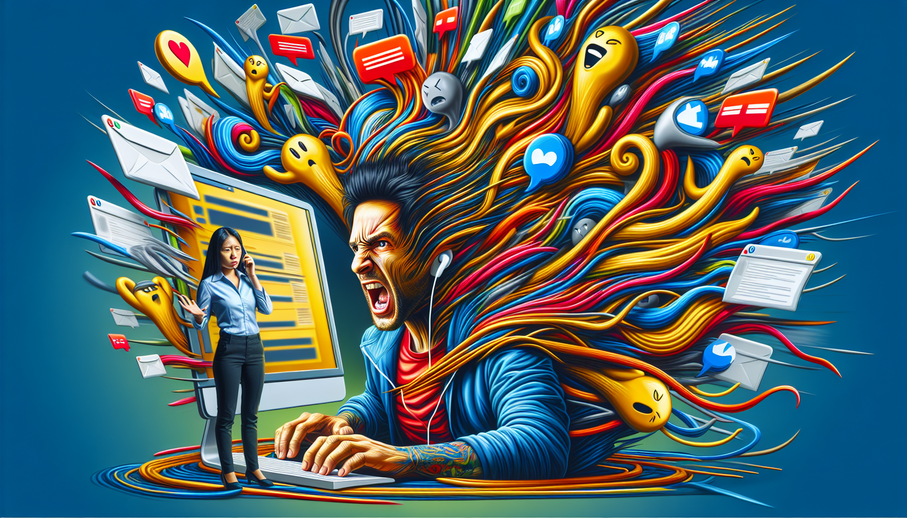 A frustrated person surrounded by pop-up ads with a help desk agent trying to assist them through a computer screen