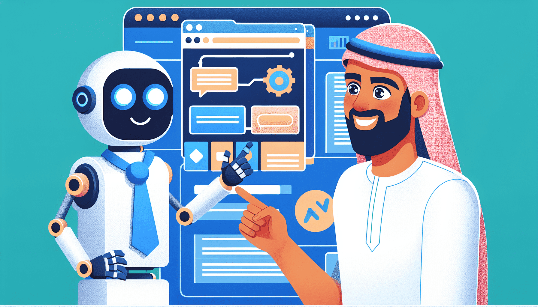A friendly robot helping a person build a website in WordPress