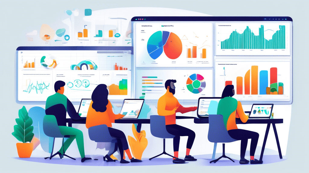 Digital workspace with a diverse group of people collaborating on Google Analytics. The scene includes laptops displaying various analytics charts, a large screen showing real-time data, and people en