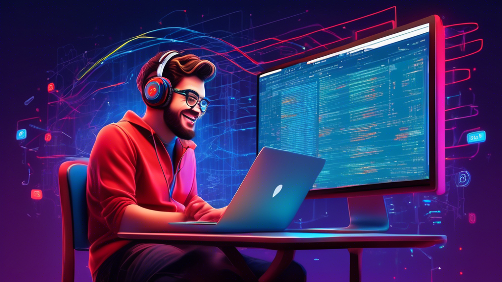 A photorealistic image of a developer excitedly looking at lines of code on a laptop screen that's displaying the Twilio API, with a phone superimposed on the screen displaying a notification.