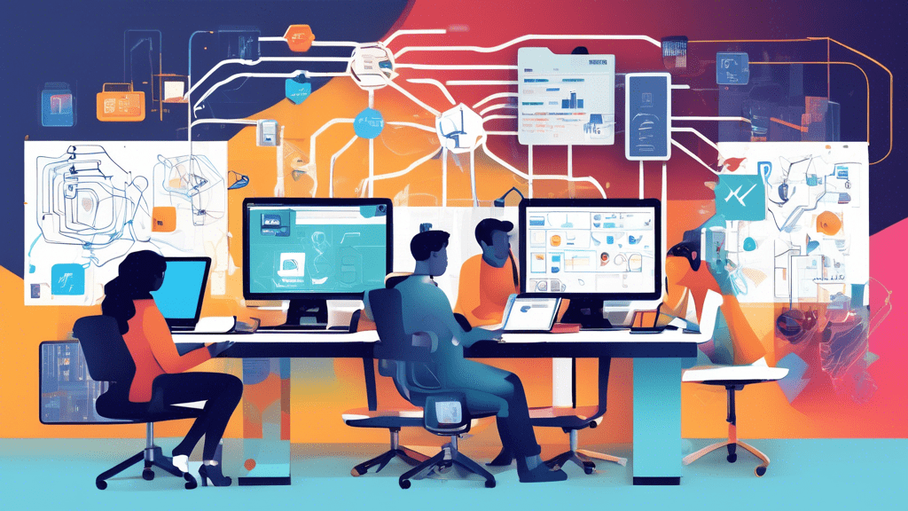 A bustling digital workspace featuring a diverse group of developers collaborating on various devices such as laptops and tablets, with Wix logos and API documentation displayed prominently on screens
