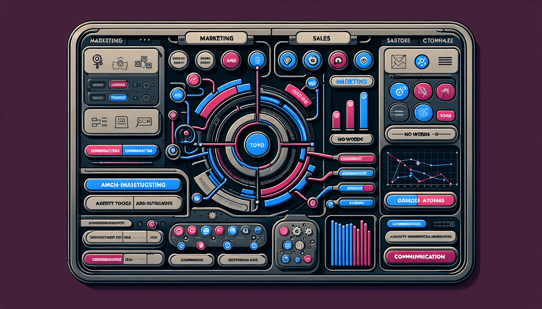 A sleek, futuristic control panel interface with the words GoHighLevel on the top. Buttons and graphs populate the interface, showcasing marketing, sales, and communication tools, all labeled with age