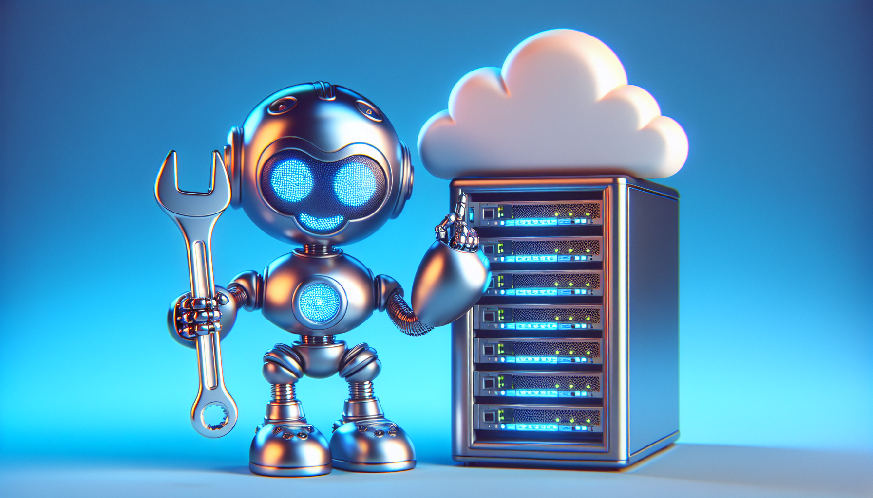 A friendly robot holding a wrench, fixing a cloud-shaped server.