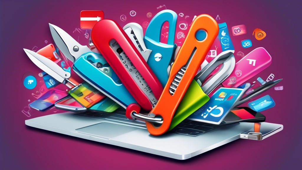 A swiss army knife morphing into digital marketing tools like a laptop, smartphone, email, and social media logos.