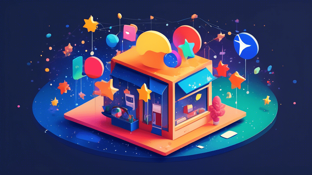 A floating storefront with a Google Maps pin bursting through the center, surrounded by a constellation of online reviews and star ratings.