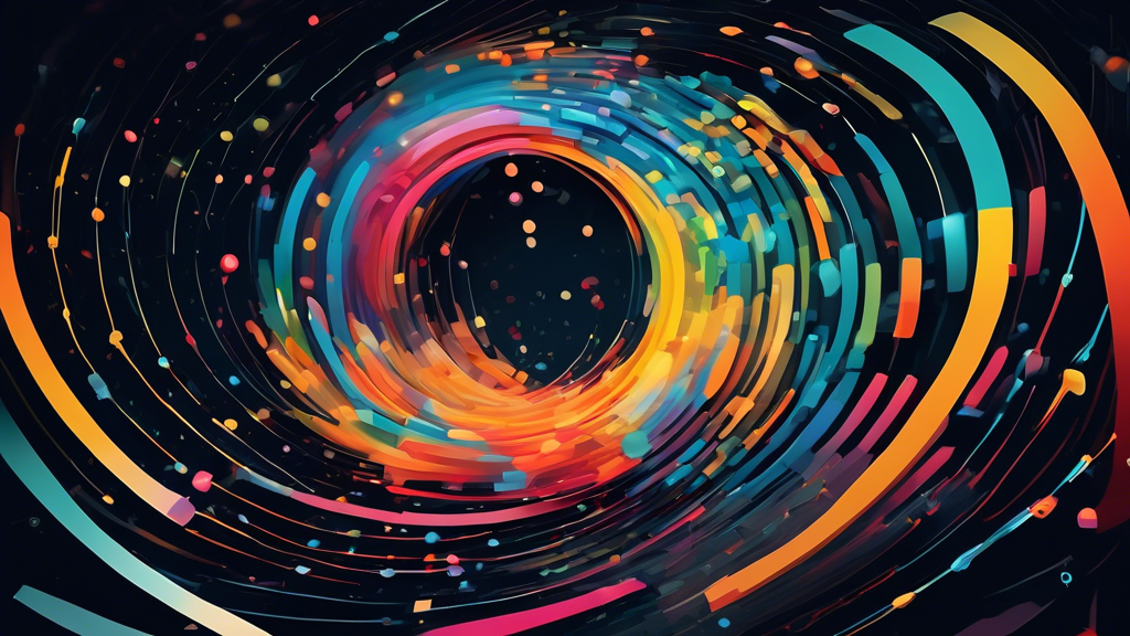A swirling vortex of data points and analytics charts, converging towards the Google Analytics logo.