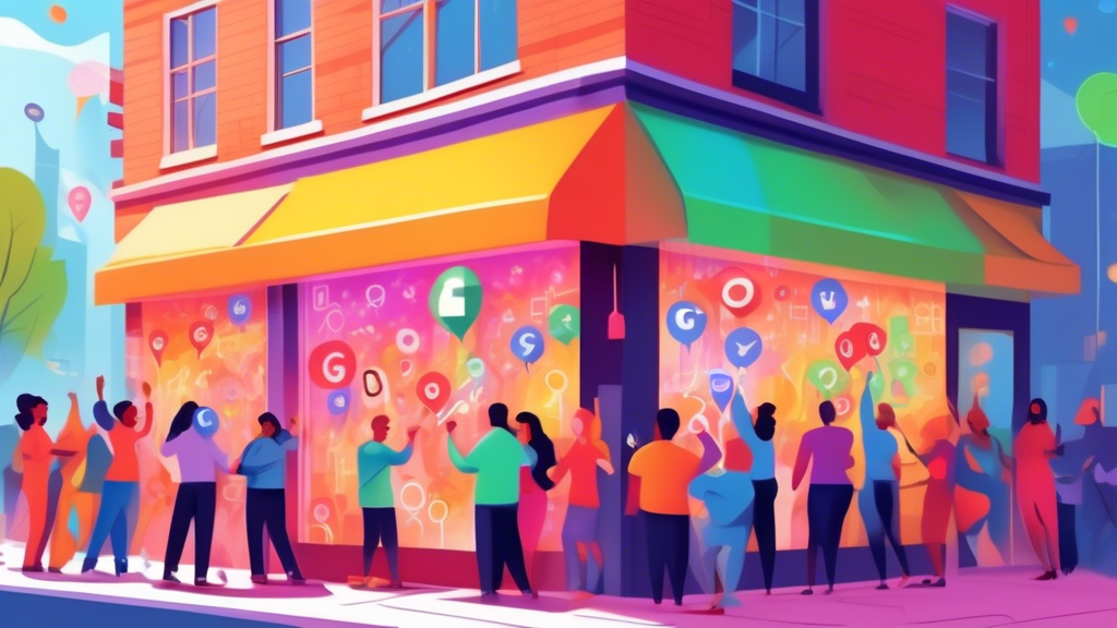 A storefront window with a Google Maps pin superimposed and glowing brightly, surrounded by happy customers and business owners celebrating.