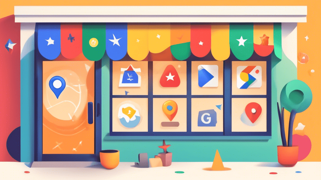 A storefront window with the Google Maps pin logo and text that says Boost Your Business surrounded by floating icons like a star rating, phone, website link, and directions.