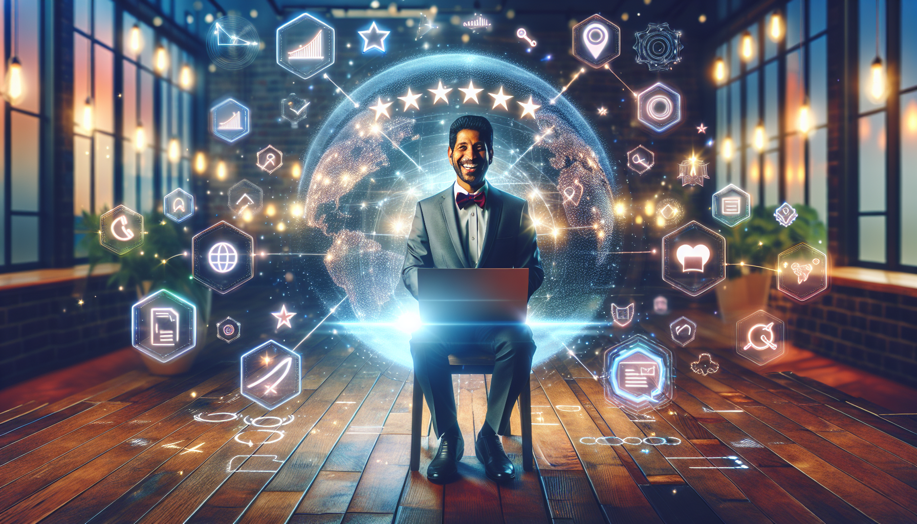 Create an image depicting a vibrant, modern workspace with a business owner happily engaging with customers via Google Business Profile on a laptop. Surround the setting with icons and symbols represe