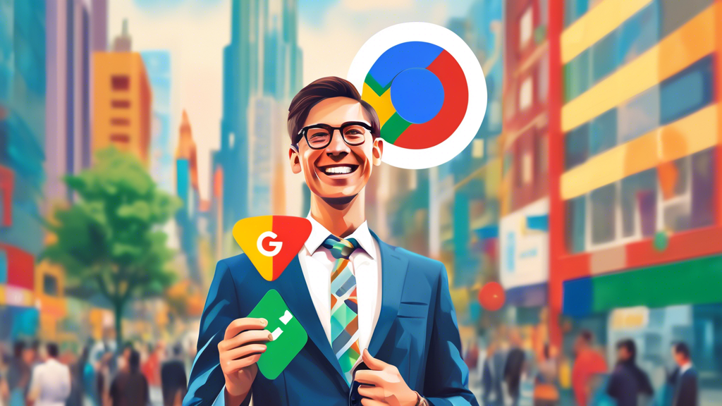 A smiling person in business attire holding a Google Maps pin with the Google G logo on it, superimposed over a bustling city scene.