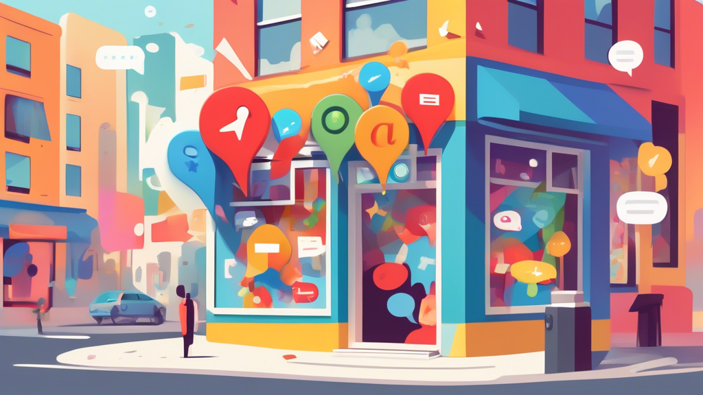 A friendly storefront with a giant Google Maps location pin bursting through the front, surrounded by text bubbles filled with positive customer reviews.