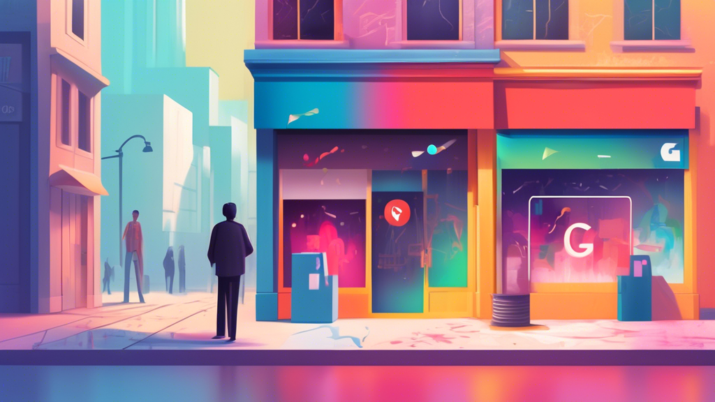 A storefront with a Google Maps pin hovering above it, fading into static as the shop owner looks on in panic.