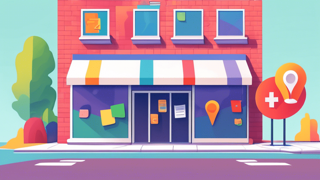 A storefront with a giant Google Maps pin sticking out of it, with a checklist floating next to it titled Eligibility Requirements.