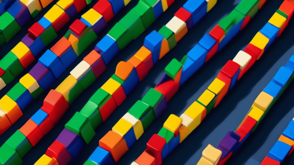 A question mark made of colorful building blocks casting a long shadow over a miniature Google Maps pin.