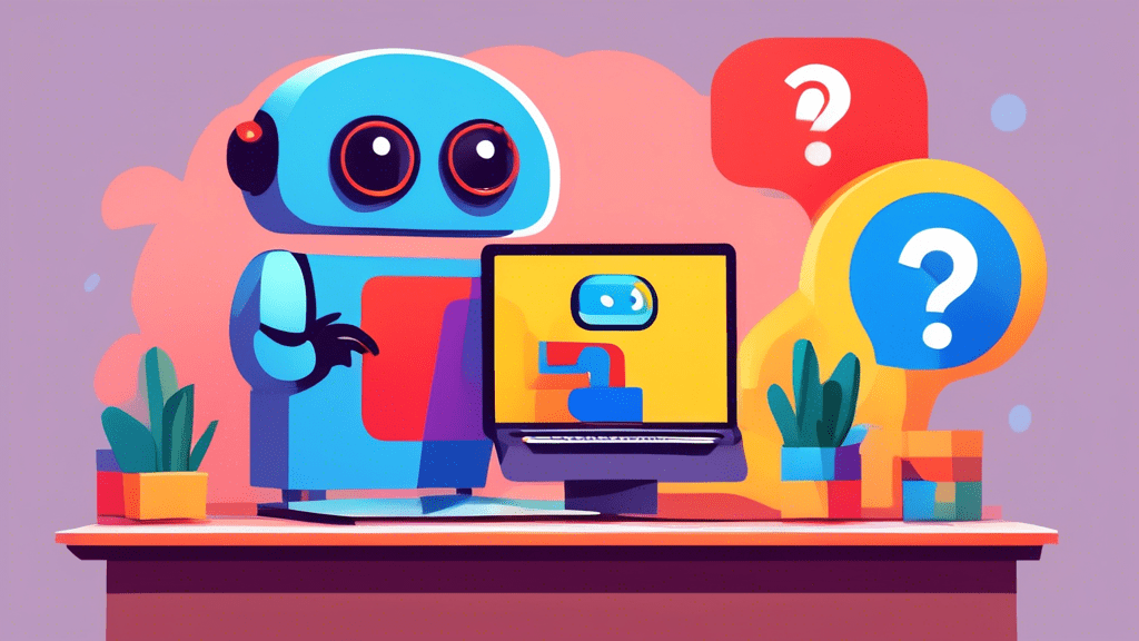A friendly chatbot wearing a Google colored question mark helping a confused storefront owner build a Google Business Profile on a laptop.