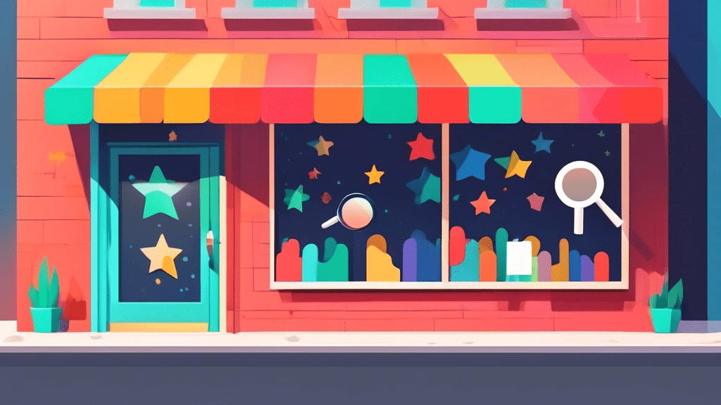A storefront with a magnifying glass hovering over it, displaying Google reviews and star ratings.