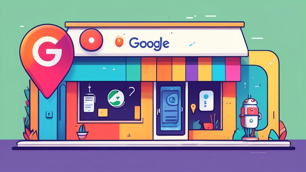A friendly storefront with a giant Google Maps pin sticking out of it, and a helpful chatbot offering advice.