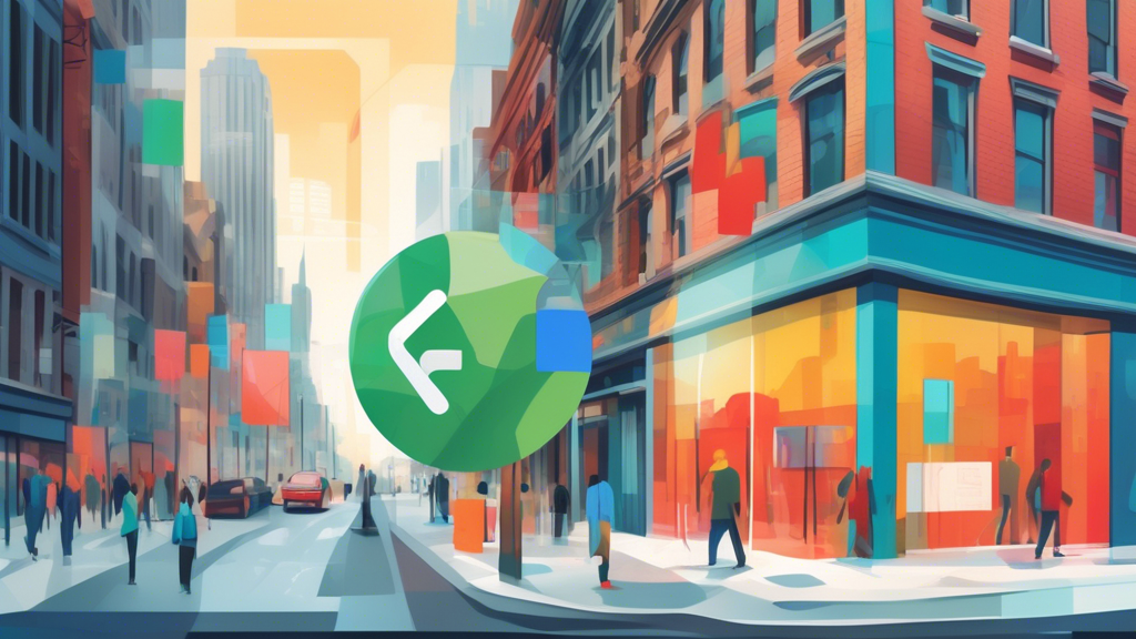 A storefront window with a Google Maps pin inside reflecting a bustling city street.