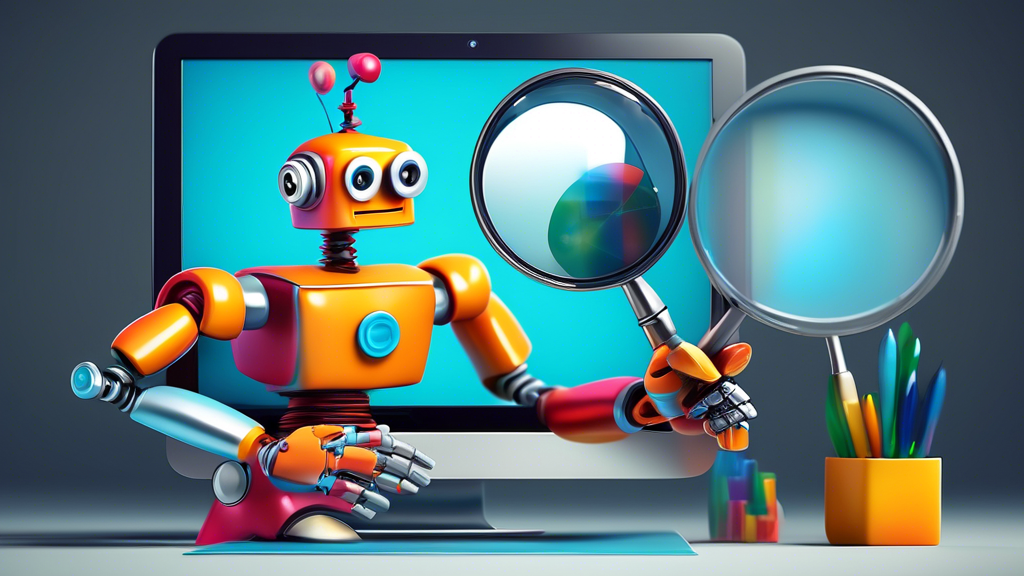 A friendly robot using a magnifying glass to examine a perfectly sized Google Business Profile image on a computer screen.