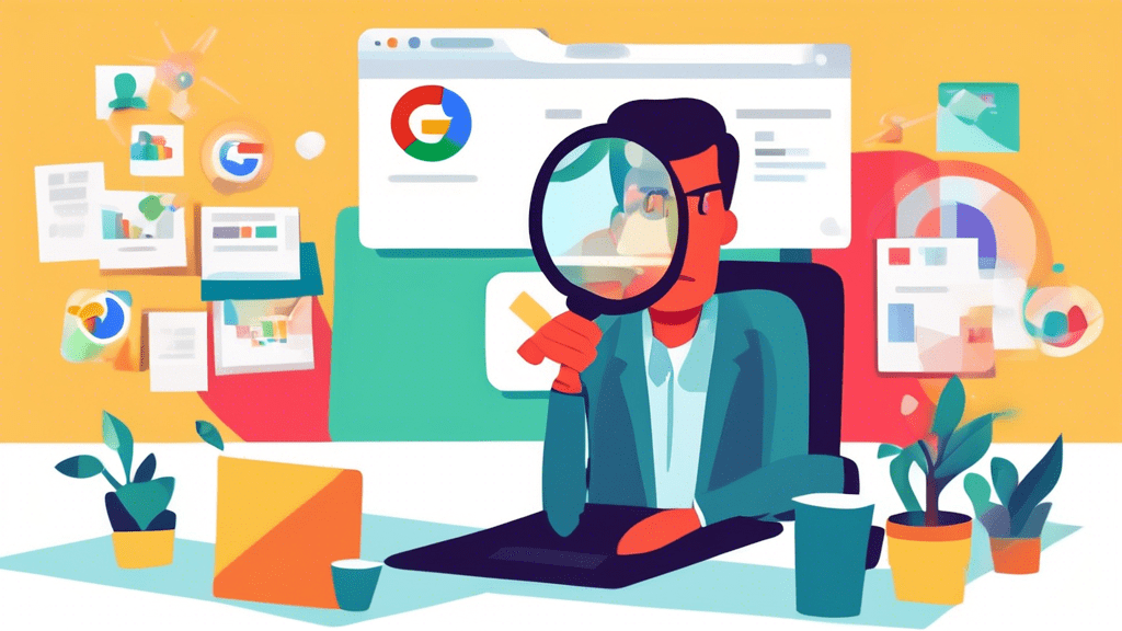 A frustrated business owner squinting at a laptop screen displaying Google Business Profile Image Rejected with a magnifying glass hovering over a tiny square image.