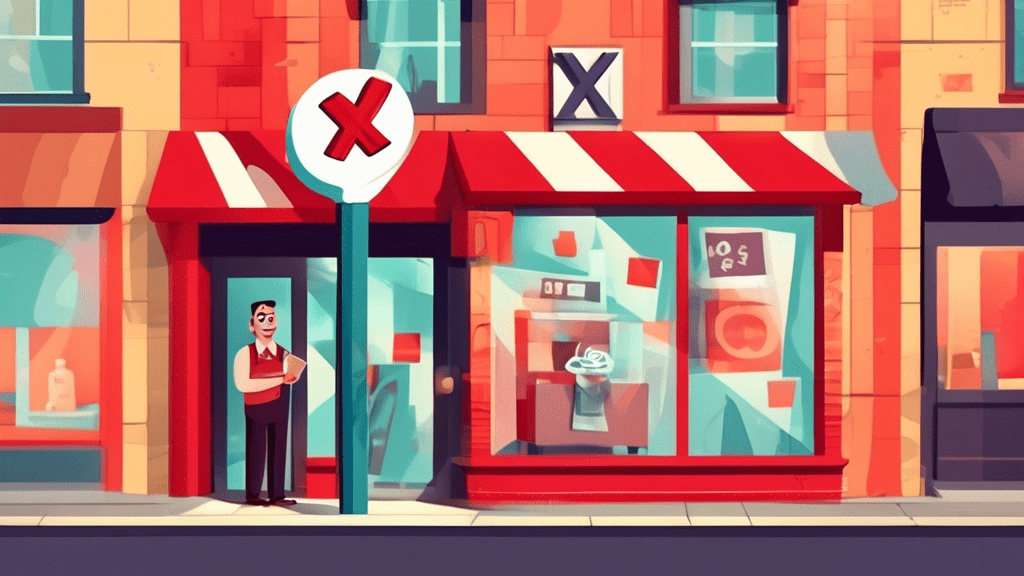 A confused cartoon magnifying glass rejecting a square photo of a smiling shop owner with a storefront background with a red X stamp.