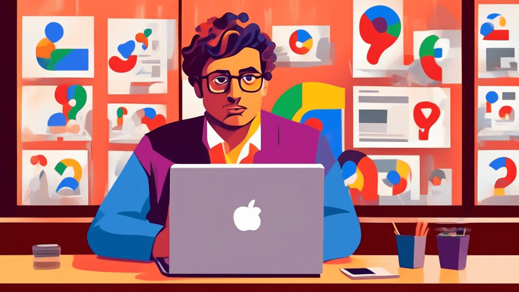 A confused storefront owner looking at a laptop displaying the Google Business Profile logo with a question mark superimposed over it.