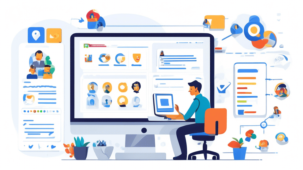 Create an image illustrating a professional marketer optimizing a Google Business Profile on a computer. The screen shows various optimization elements like business hours, location, reviews, photos,