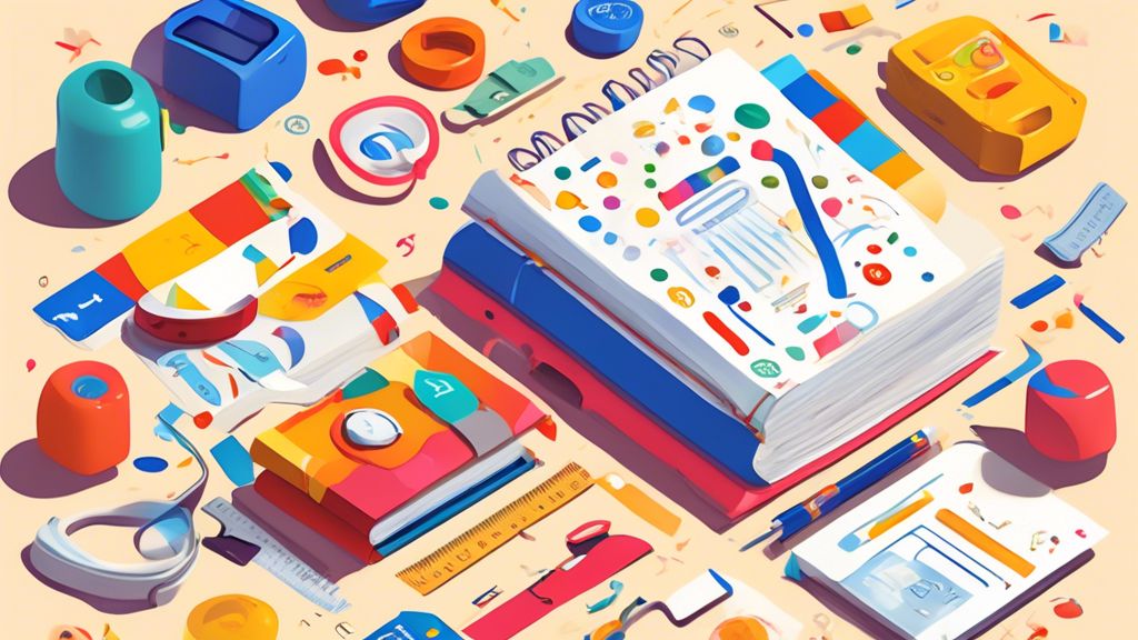 A friendly guidebook laying on top of a Google Business profile, surrounded by measuring tapes and different sized logos.