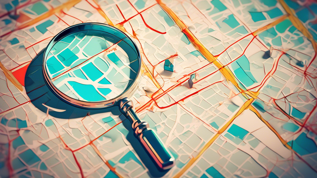 A magnifying glass hovering over a phone with a cracked screen displaying a faded Google Maps pin with a question mark on it.