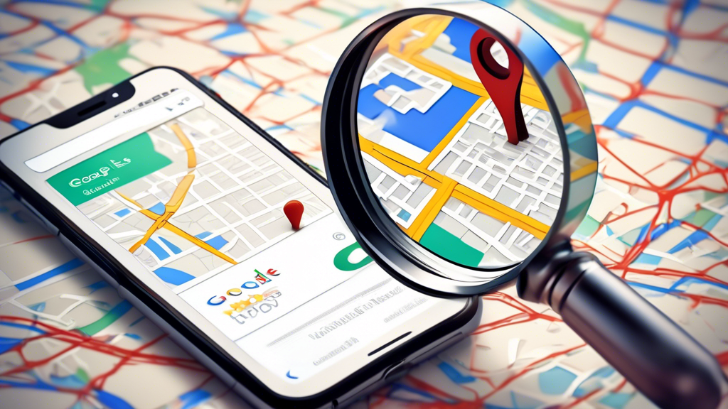 A magnifying glass hovering over a smartphone with a cracked screen displaying a Google Maps search result with a missing business listing.