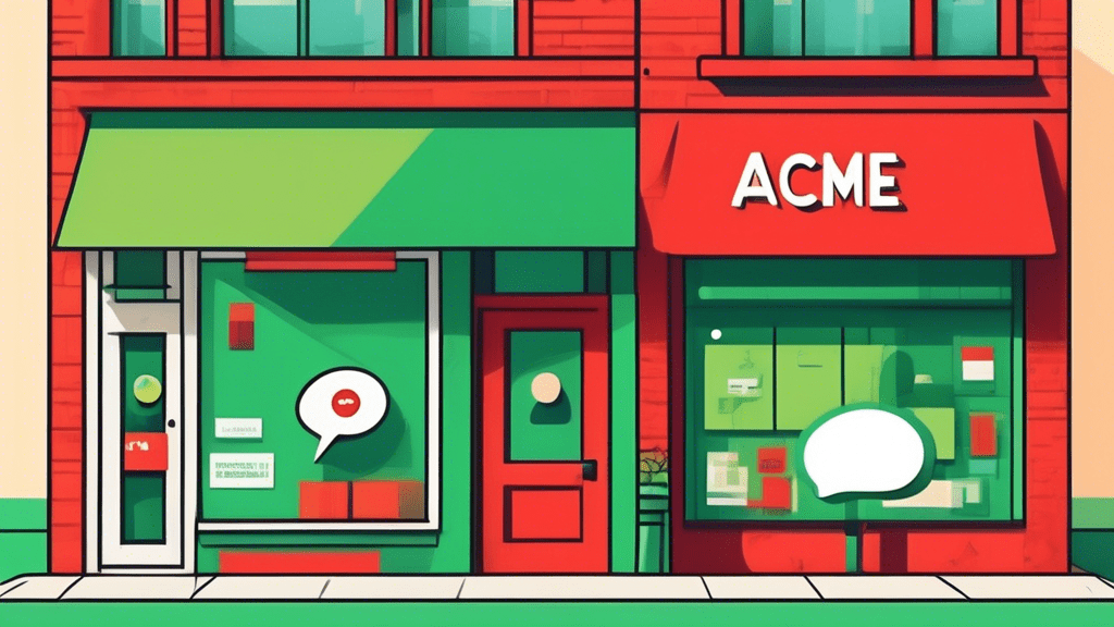 A storefront with a Google Maps pin sticking out of it and a large speech bubble saying Acme LLC with a red circle and line through it, and a smaller speech bubble saying Acme with a green checkmark.