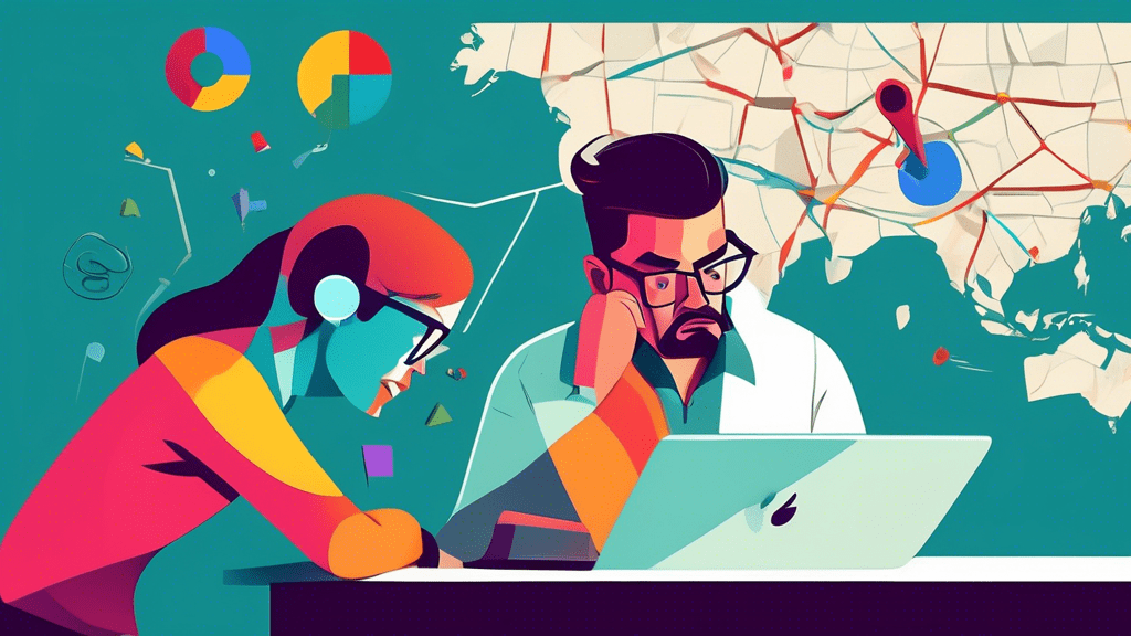 A frustrated business owner looking at a laptop screen with a magnifying glass, searching for their missing Google Business Profile, while a giant Google Maps pin floats above them.
