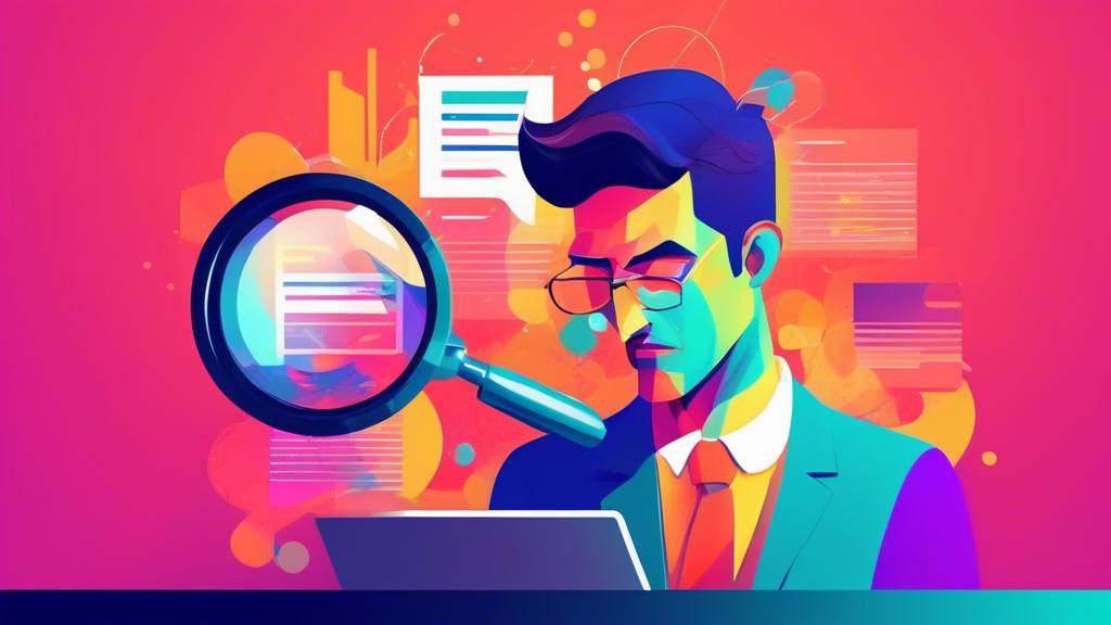 A frustrated business owner holding a magnifying glass over a glitching Google Business Profile on a laptop screen.