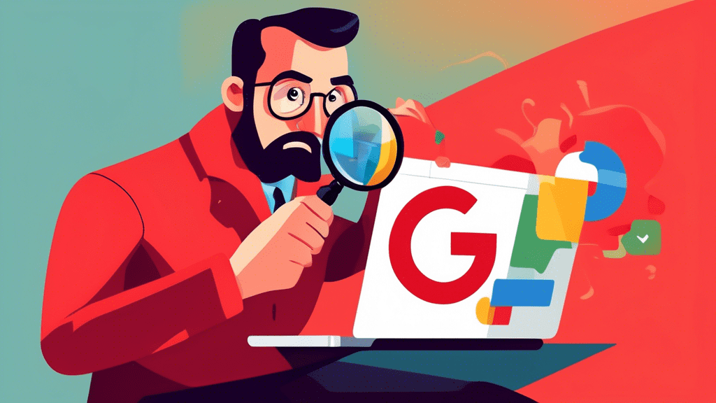 A confused and frustrated business owner holding a magnifying glass over a laptop displaying a Google Business Profile with a large red Not Verified stamp.