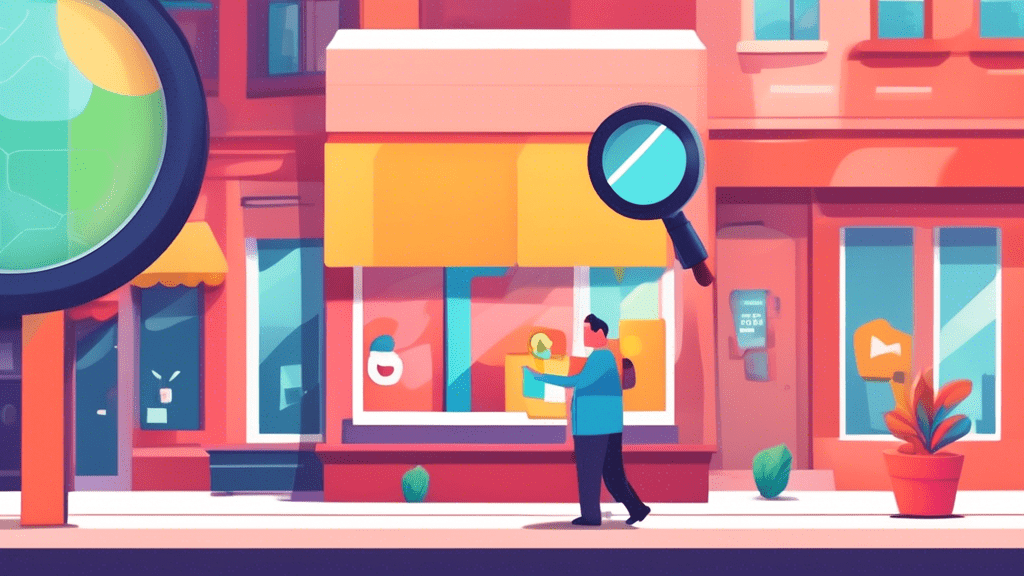 A friendly storefront with a giant Google Maps pin sticking out of it and a magnifying glass hovering over the top searching for best [industry related to a storefront] near me.
