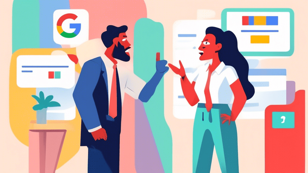 Two people arguing in front of a Google My Business listing, one labeled Owner and the other Manager.
