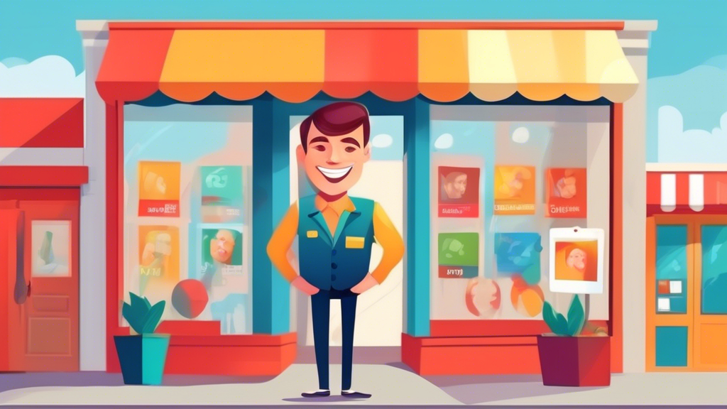 A friendly looking business owner smiling, holding a giant Google Business Profile photo template frame in front of their storefront.