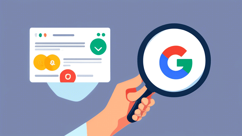 A magnifying glass inspecting a Google Business profile with a thumbs up and thumbs down icon hovering over the review section.