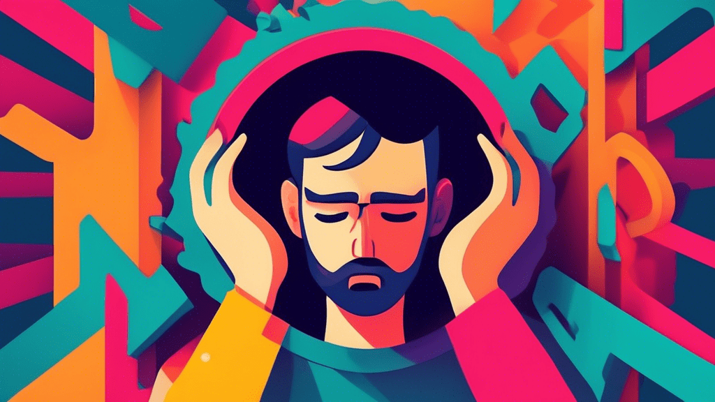 A frustrated business owner with their head in their hands, trapped inside a Google My Business pin with a loading symbol spinning endlessly.