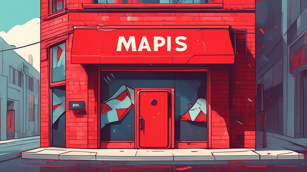 A storefront with a giant Google Maps pin stabbed through its roof and a red suspended banner wrapped across the closed doors.