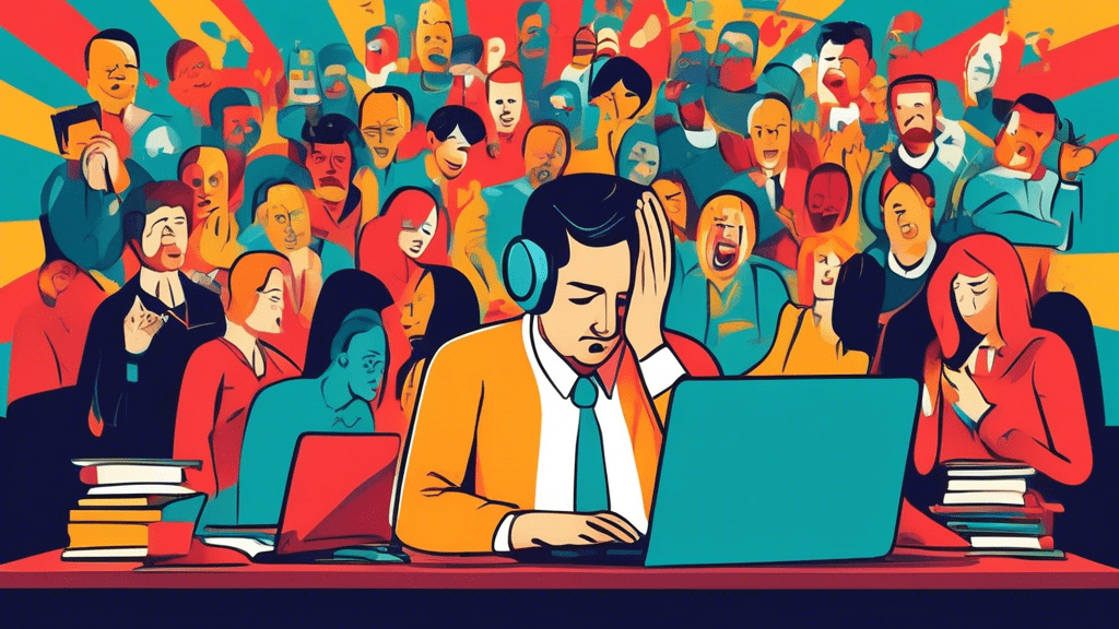 A desperate business owner with their head in their hands in front of a laptop showing a Google Business Profile suspension message, surrounded by Redditors offering advice and solutions.