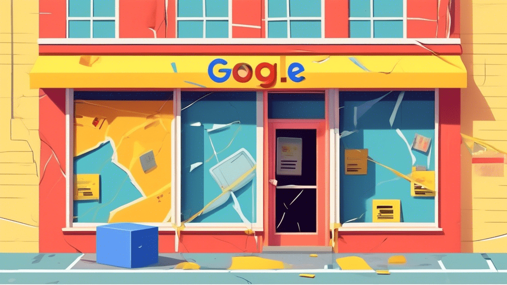 A storefront with a Google Maps pin over it that is cracked and surrounded by caution tape.